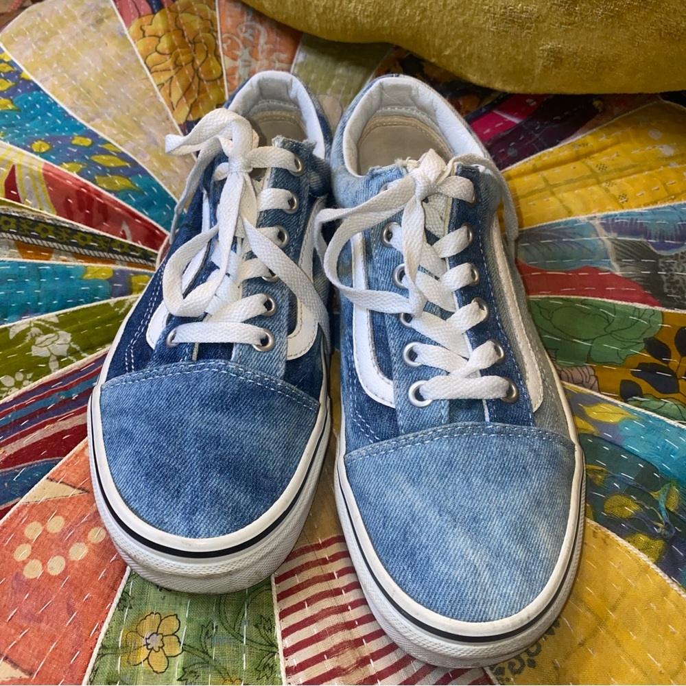 Vans Old Skool Denim Low-Top Sneakers - Blue & White Size 7 - Picture 2 of 3